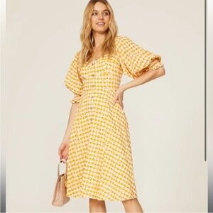 Slate & willow-6-seersucker midi Chic Yellow Gingham Dress with Puff Sleeves.